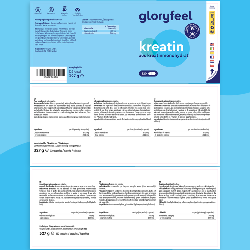 La confezione in capsule di creatina GloryFeel GmbH Italy presenta un design blu e bianco con testo multilingue, contenente informazioni nutrizionali chiare per questa creatina monoidrato di qualità premium.