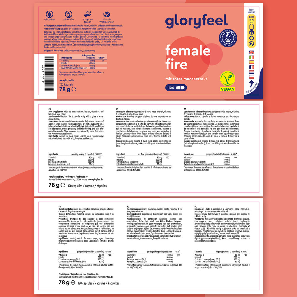 Il design della confezione di &quot;Maca Rossa in capsule Female Fire&quot; di GloryFeel GmbH Italia include dettagli sugli ingredienti, valori nutrizionali, un peso di 78 g, certificazione vegana e presenta una combinazione di colori rosa e bianco.
