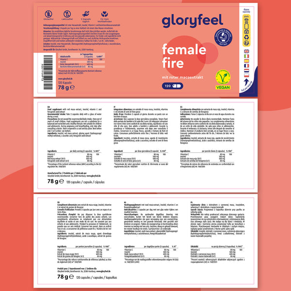 Il design della confezione di &quot;Maca Rossa in capsule Female Fire&quot; di GloryFeel GmbH Italia include dettagli sugli ingredienti, valori nutrizionali, un peso di 78 g, certificazione vegana e presenta una combinazione di colori rosa e bianco.