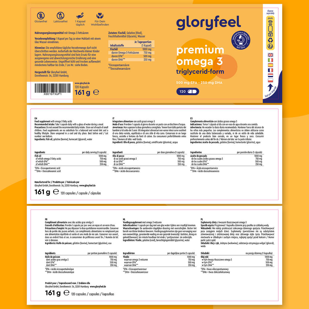 La confezione delle capsule Omega 3 Premium di GloryFeel GmbH Italy mostra informazioni nutrizionali e ingredienti come DHA ed EPA, insieme a dettagli di produzione, su uno sfondo arancione e bianco.