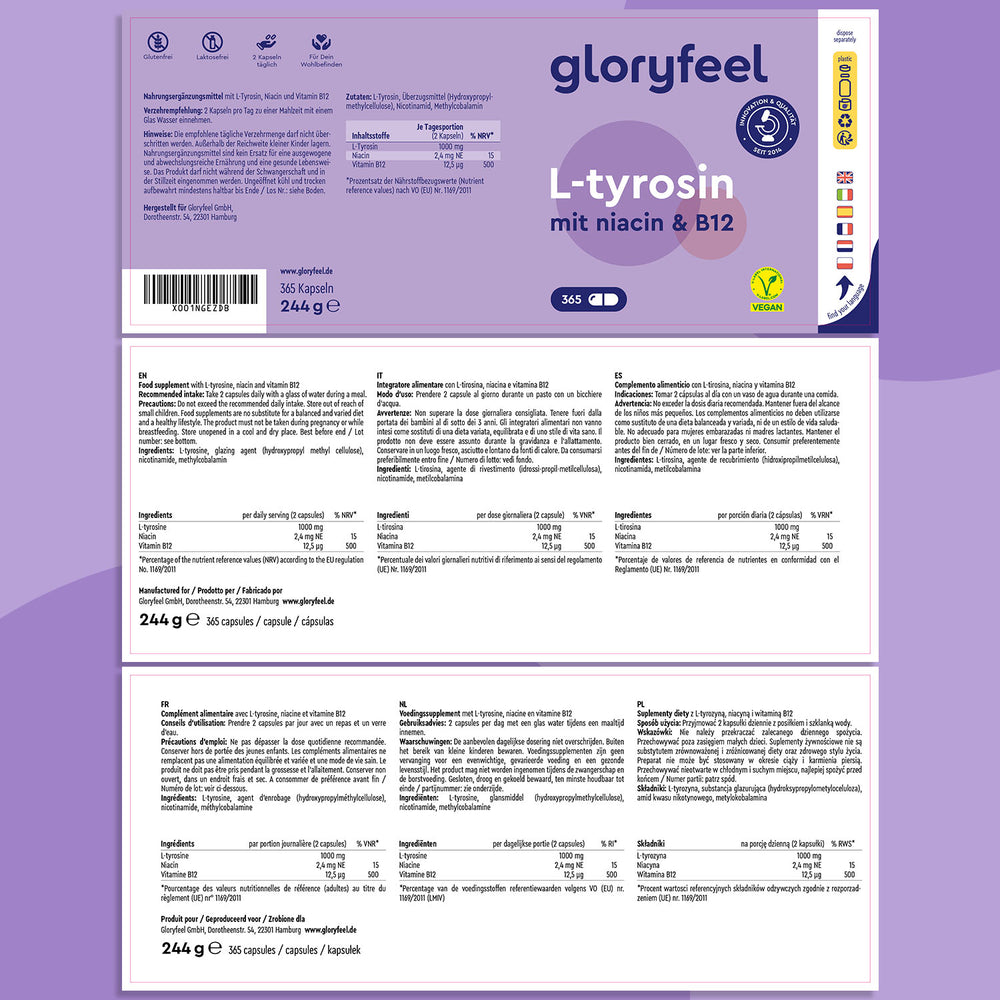 Una confezione di integratori denominata &quot;L-Tirosina&quot; della GloryFeel GmbH Italia contiene informazioni nutrizionali e istruzioni multilingue.
