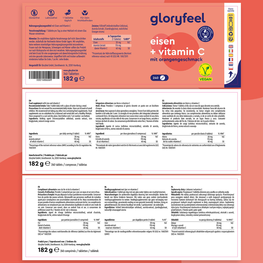 La confezione di &quot;Ferro con Vitamina C&quot; di GloryFeel GmbH Italy mostra informazioni nutrizionali, ingredienti ricchi di ferro e certificazione vegana. Include 240 compresse al gusto di arancia che supportano la salute dei globuli rossi, del peso di 182 g.