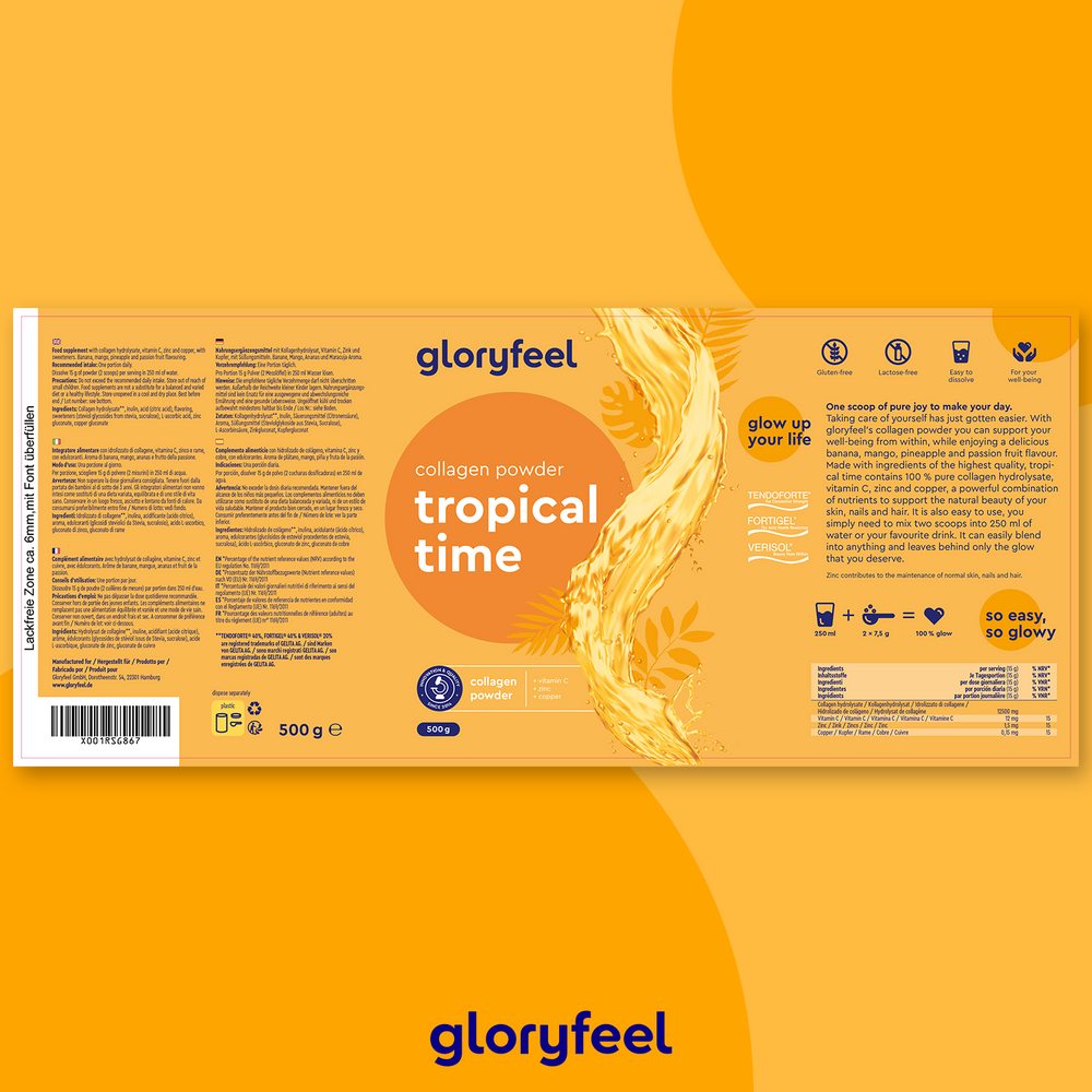 Confezione arancione e gialla per &quot;Collagene in polvere - Tropical Time&quot; di gloryfeel Italia, che mostra i dettagli del prodotto, gli ingredienti e gli elementi del marchio.