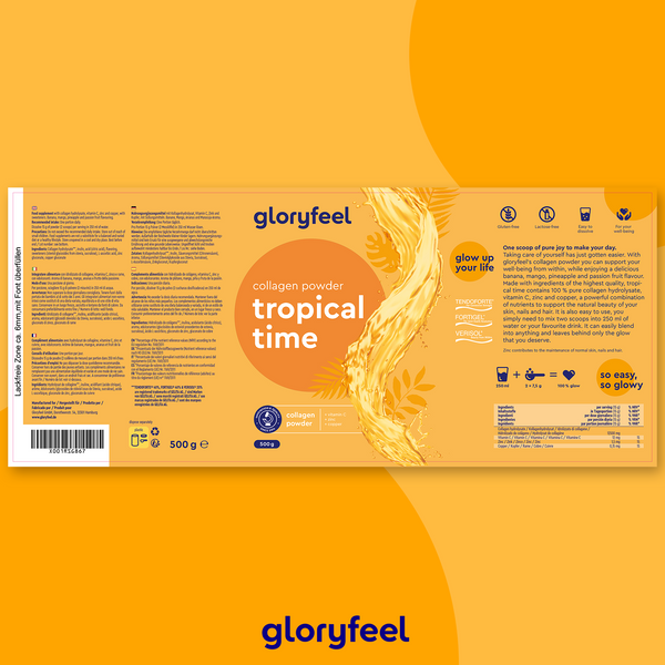 Confezione arancione e gialla per &quot;Collagene in polvere - Tropical Time&quot; di gloryfeel Italia, che mostra i dettagli del prodotto, gli ingredienti e gli elementi del marchio.