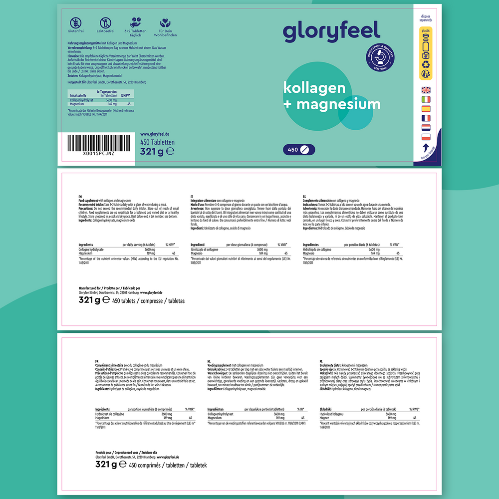 Etichetta del prodotto per le compresse di collagene + magnesio &quot;gloryfeel Italia&quot;. Presenta uno sfondo verde con testo e icone, tra cui informazioni nutrizionali e istruzioni in varie lingue.