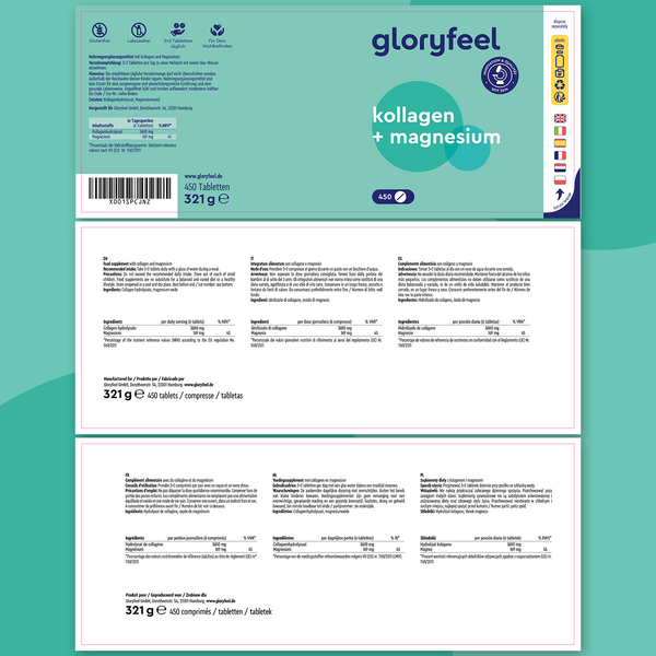 Etichetta del prodotto per le compresse di collagene + magnesio &quot;gloryfeel Italia&quot;. Presenta uno sfondo verde con testo e icone, tra cui informazioni nutrizionali e istruzioni in varie lingue.