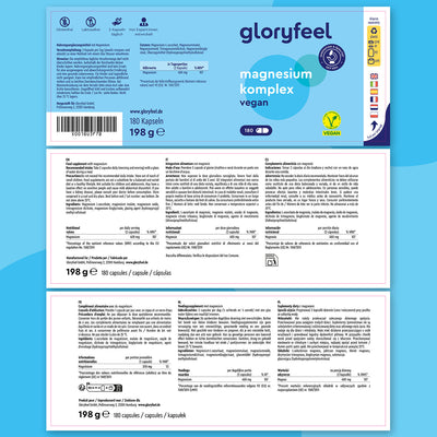 L'etichetta frontale e quella posteriore del flacone di gloryfeel Italia Magnesio Complex riportano in modo chiaro i dettagli del prodotto, gli ingredienti, le istruzioni per l'uso e le certificazioni, tutte in italiano.