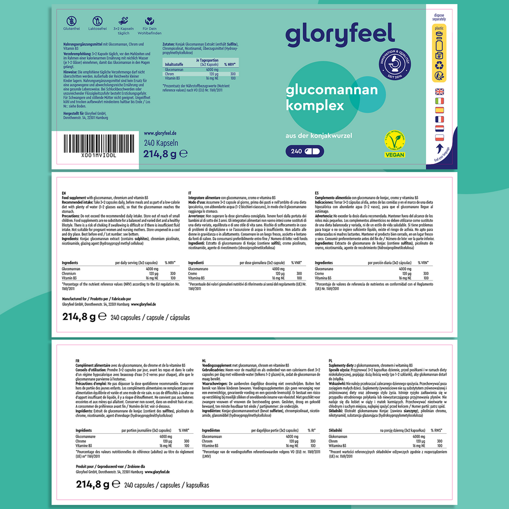 GloryFeel GmbH Italia introduce Glucomannano in capsule, offrendo 240 capsule vegane ora arricchite con cromo. L&