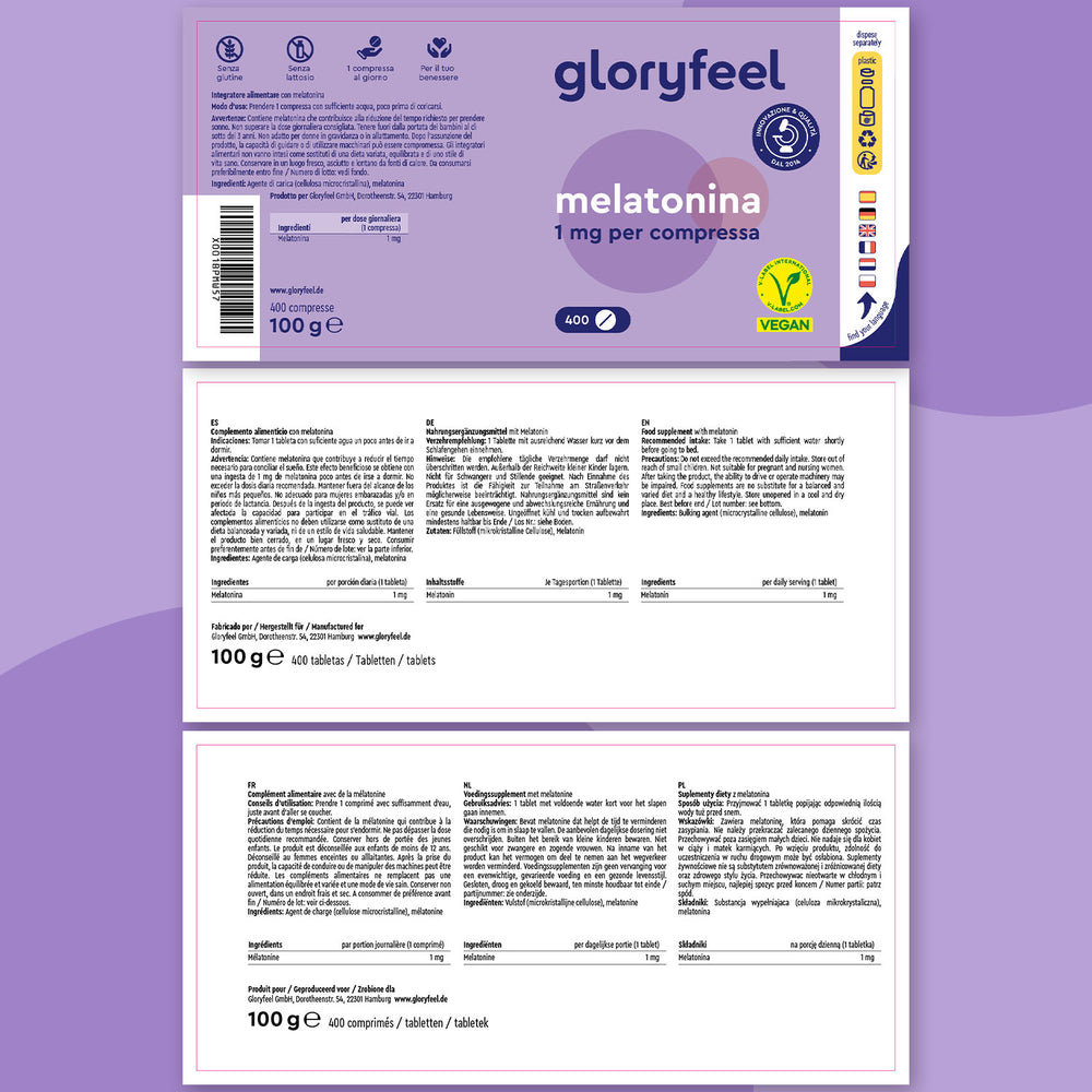 La confezione di Melatonina in compresse di GloryFeel GmbH Italia include informazioni dettagliate sul prodotto, certificazione vegana e istruzioni multilingue, per garantirti un supporto ottimale per un sonno ristoratore.