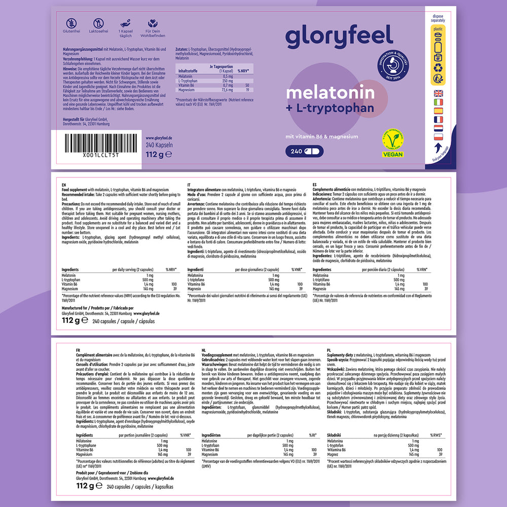Etichetta per una bottiglia di Melatonina + L-triptofano integratore del sonno della GloryFeel GmbH Italia, con istruzioni sul dosaggio, elenco degli ingredienti e certificazioni vegane su sfondo viola.
