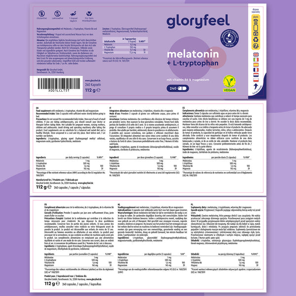 Etichetta per una bottiglia di Melatonina + L-triptofano integratore del sonno della GloryFeel GmbH Italia, con istruzioni sul dosaggio, elenco degli ingredienti e certificazioni vegane su sfondo viola.