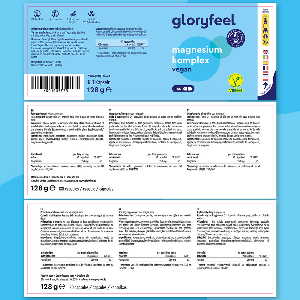 La scatola di gloryfeel Italia Magnesio Complex presenta un design user-friendly con etichette multilingue che mostrano informazioni nutrizionali, ingredienti e certificazioni. Contiene 180 capsule, promuovendo un benessere ottimale a ogni dose.