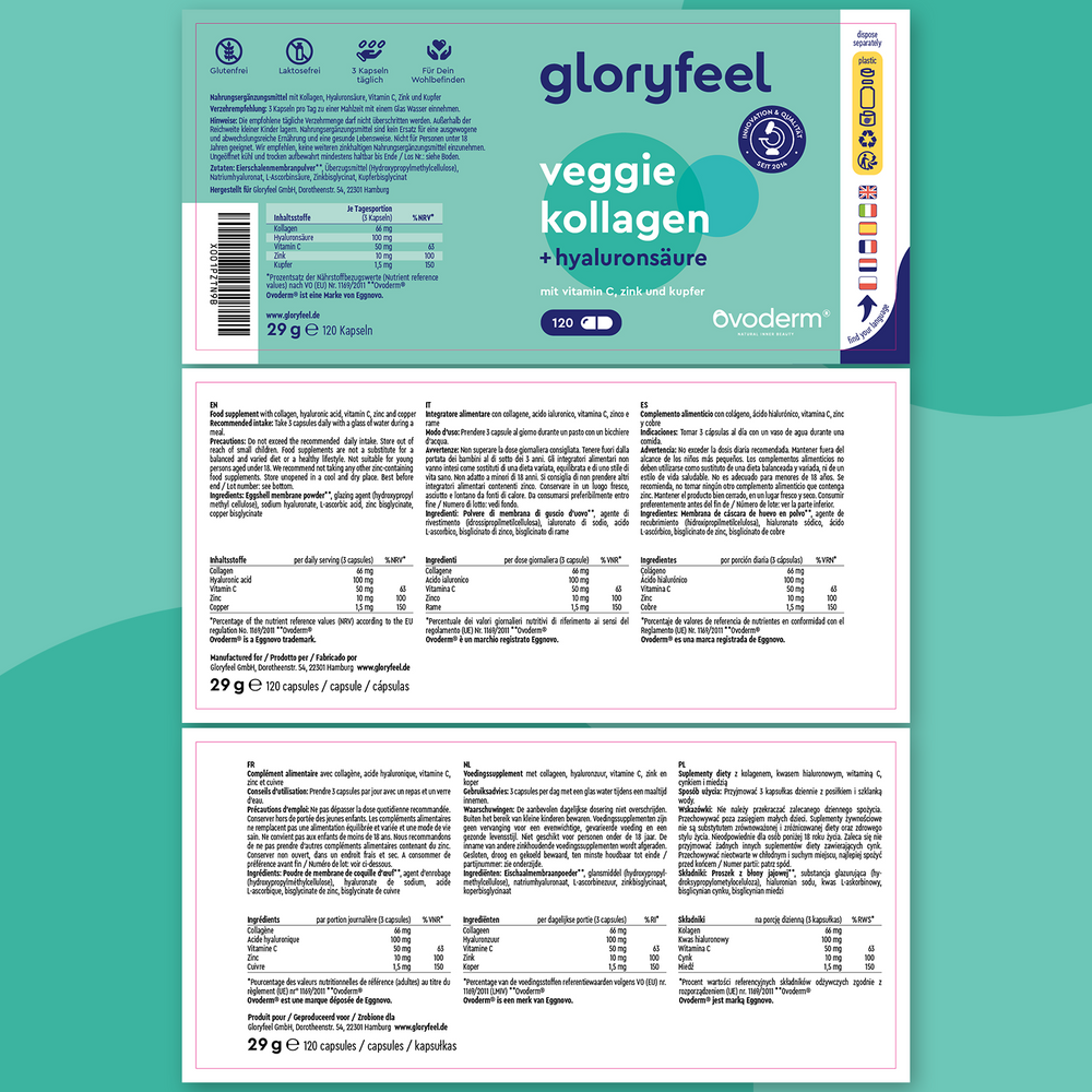 La confezione del Collagene Veggie di GloryFeel GmbH Italia riporta informazioni sugli integratori, ingredienti e dettagli del prodotto in più lingue, oltre ad acido ialuronico, vitamine C e D.