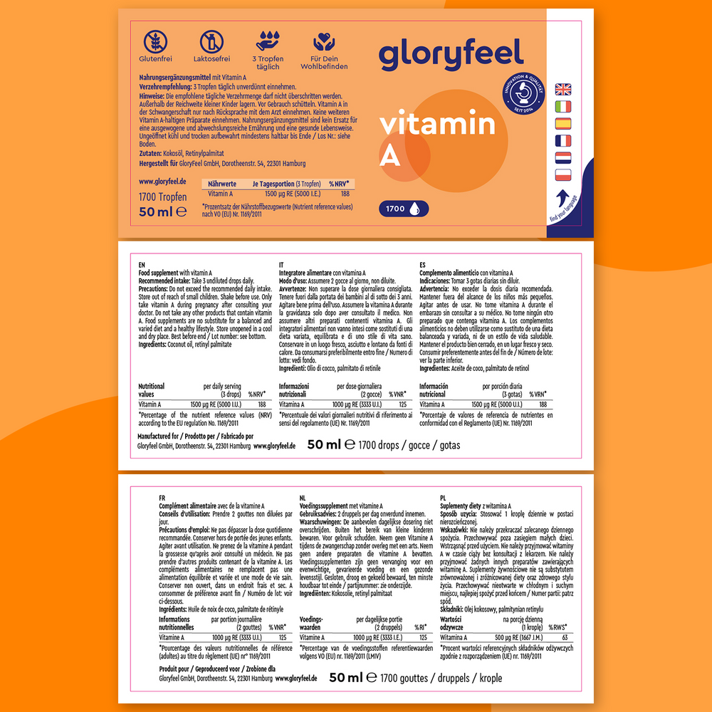 Vitamina A in Gocce di GloryFeel GmbH Italia è disponibile in una confezione arancione e bianca con dosaggio, ingredienti del retinolo e istruzioni multilingue.