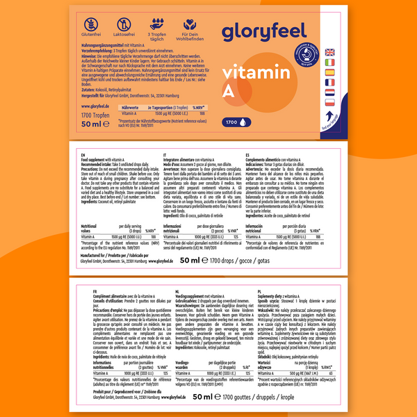 Vitamina A in Gocce di GloryFeel GmbH Italia è disponibile in una confezione arancione e bianca con dosaggio, ingredienti del retinolo e istruzioni multilingue.