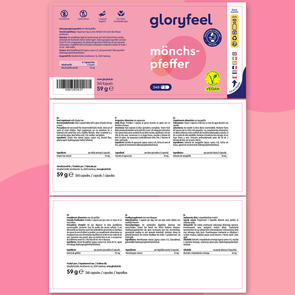 La confezione &quot;Agnocasto&quot; di GloryFeel GmbH Italy presenta chiare viste anteriore e posteriore con testo intuitivo che descrive gli ingredienti, la certificazione vegana, il peso di 59 g e le istruzioni multilingue. È progettata per una navigazione reattiva delle principali caratteristiche del prodotto.