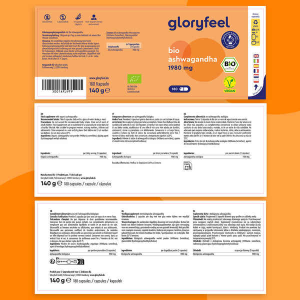 Etichetta di Bio Ashwagandha di GloryFeel GmbH Italia: Contenenti 1980 mg di Withania somnifera, queste capsule adattogene vegane e certificate biologiche sono disponibili in un flacone da 180, con informazioni nutrizionali e istruzioni per l&