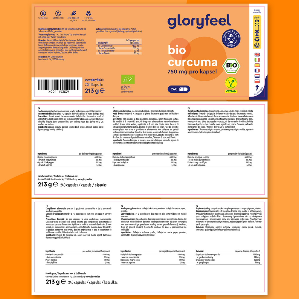 Confezione arancione e bianca per le capsule Bio Curcuma di GloryFeel GmbH Italy, contenenti 240 capsule di curcuma biologica da 750 mg ciascuna. Include loghi di certificazione e dettagli multilingue sugli ingredienti, come estratto di curcuma e piperina per un migliore assorbimento.