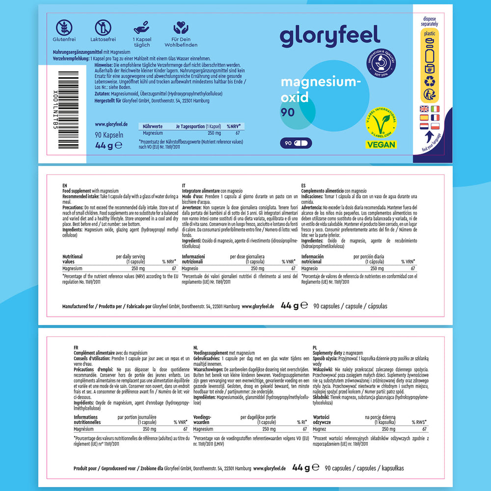Sulla confezione delle capsule di Magnesio Ossido 90 di gloryfeel Italia sono riportate informazioni nutrizionali, certificazioni, istruzioni per l&