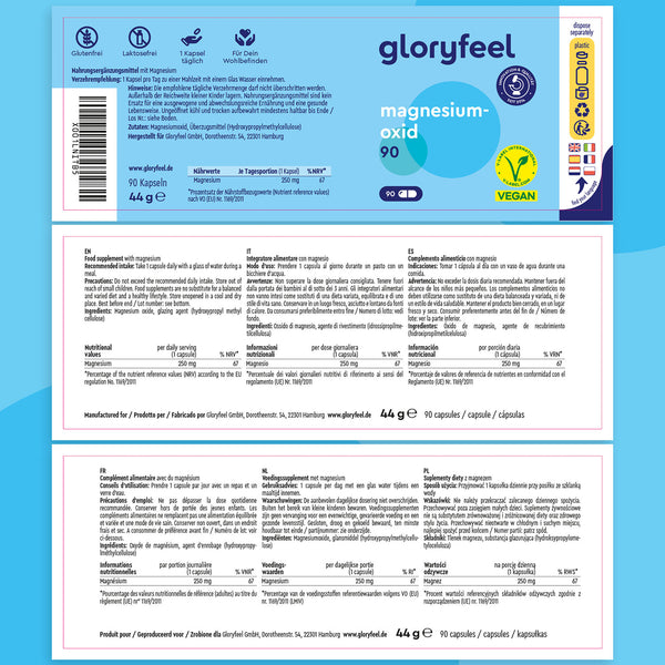 Sulla confezione delle capsule di Magnesio Ossido 90 di gloryfeel Italia sono riportate informazioni nutrizionali, certificazioni, istruzioni per l&