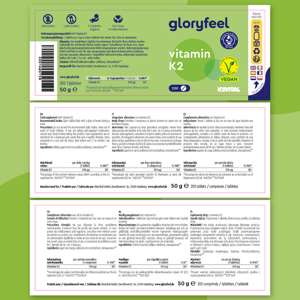 Scopri Vitamina K2 di gloryfeel Italia, con etichettatura chiara che evidenzia informazioni nutrizionali, ingredienti, certificazioni vegane e non OGM. Ogni flacone contiene 200 compresse da 50 g ciascuna, garantendo una qualità affidabile.