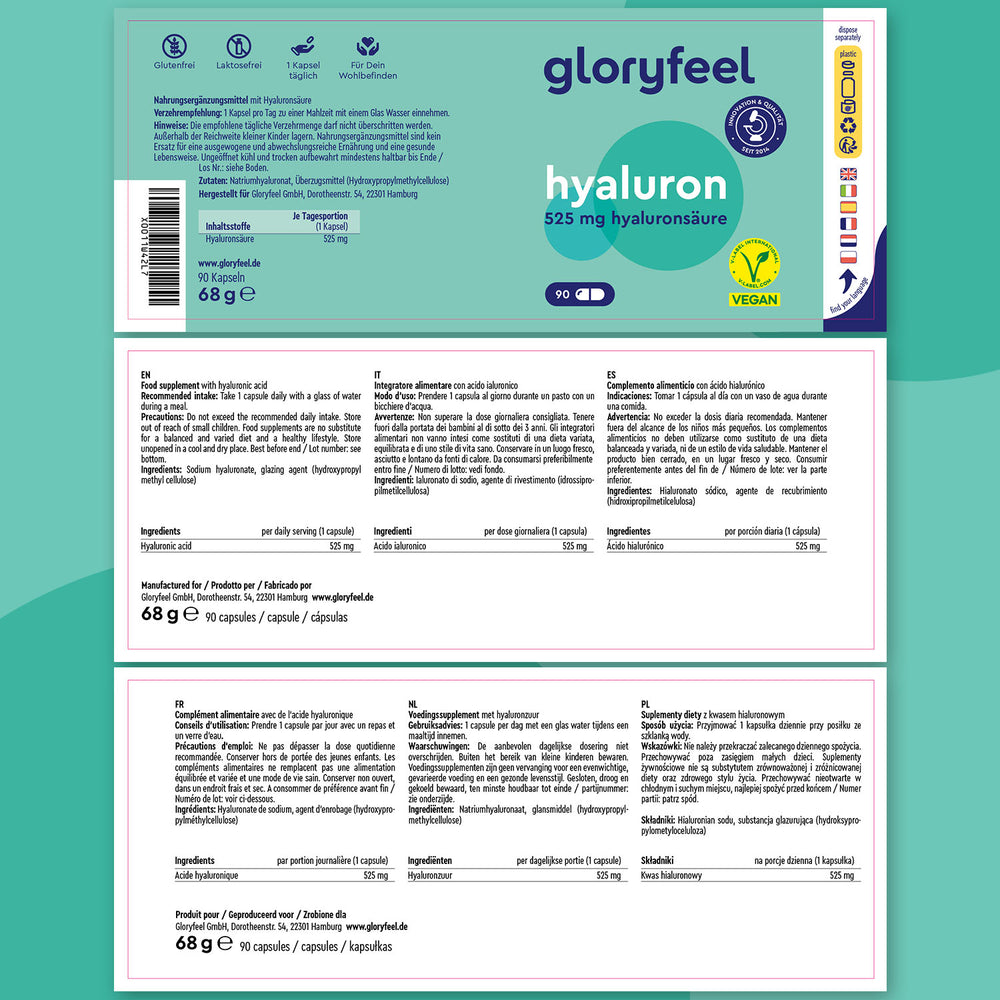 Immagine della confezione di Acido ialuronico in capsule da 525 mg, 90 unità di GloryFeel GmbH Italy. I punti salienti includono informazioni nutrizionali chiare e certificazione vegana con ingredienti elencati. Il design verde e bianco presenta icone e testo multilingue che descrivono in dettaglio vantaggi e caratteristiche uniche.