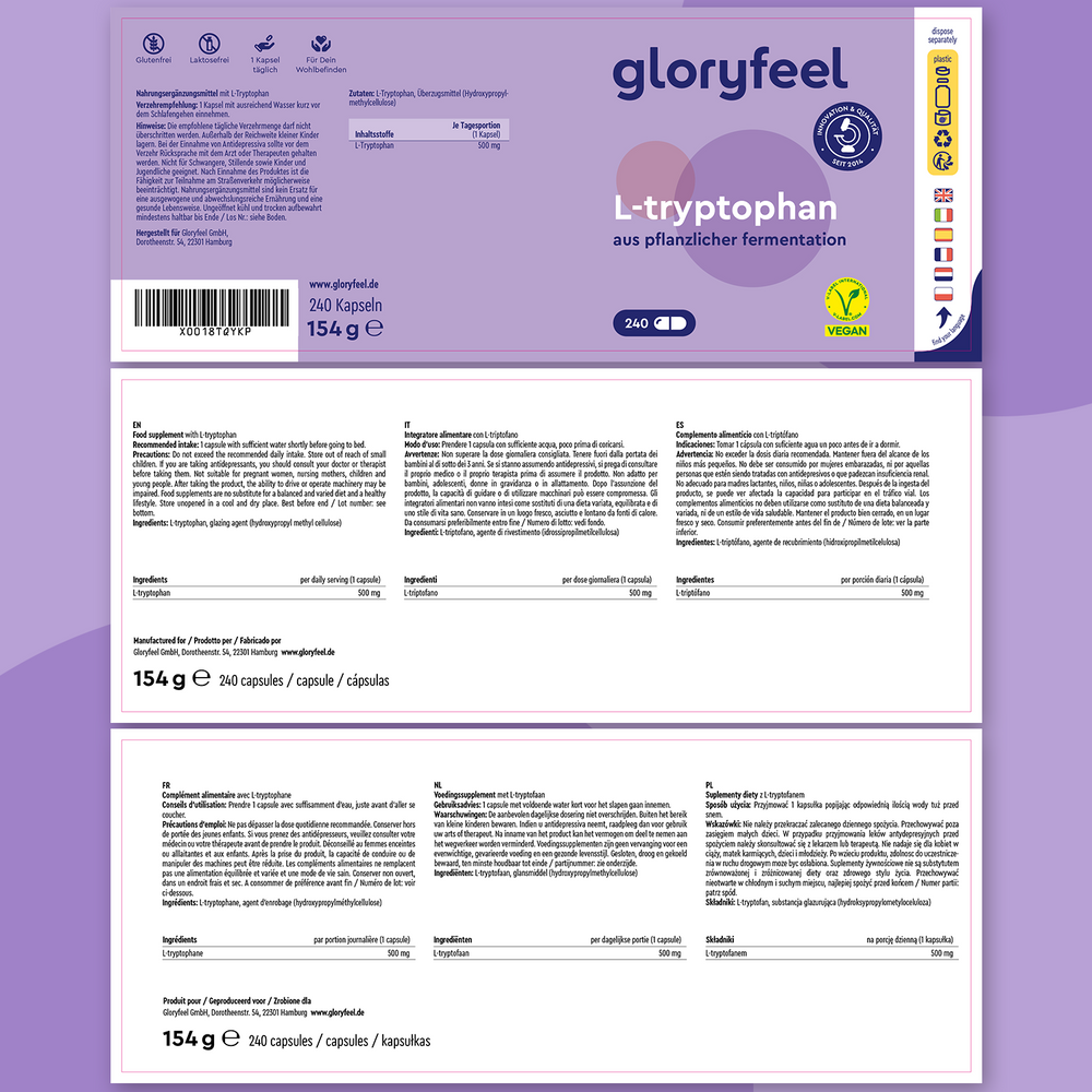 Etichetta del prodotto per L-Triptofano di GloryFeel GmbH Italia con 240 capsule vegane, per un peso totale di 154 g. Include istruzioni multilingue. Ideale per chi usa un integratore alimentare per supportare una dieta equilibrata e uno stile di vita sano.