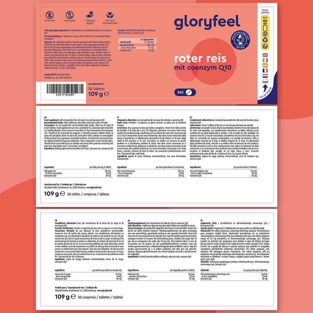Confezione rossa e bianca per &quot;Riso rosso fermentato&quot; di GloryFeel GmbH Italia, con dettagli nutrizionali e istruzioni in tedesco.
