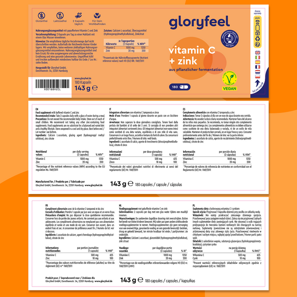 La confezione della &quot;Vitamina C e zinco 180 capsule&quot; di GloryFeel GmbH Italia presenta informazioni sul prodotto e un&