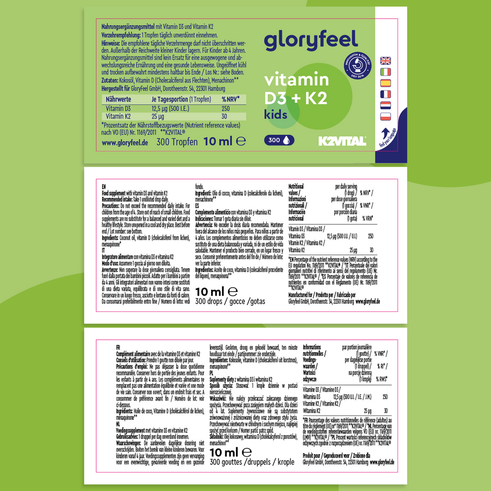 La confezione di Vitamina D3 K2 Gocce Kids di gloryfeel Italia, 10 ml, presenta informazioni nutrizionali, istruzioni per l&