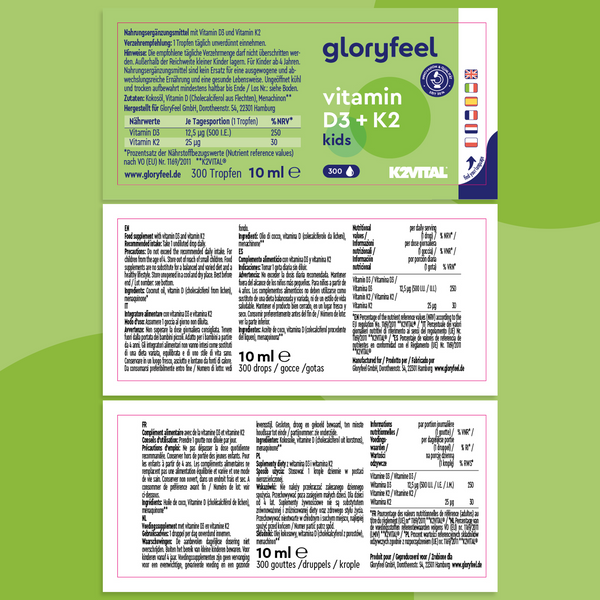 La confezione di Vitamina D3 K2 Gocce Kids di gloryfeel Italia, 10 ml, presenta informazioni nutrizionali, istruzioni per l&