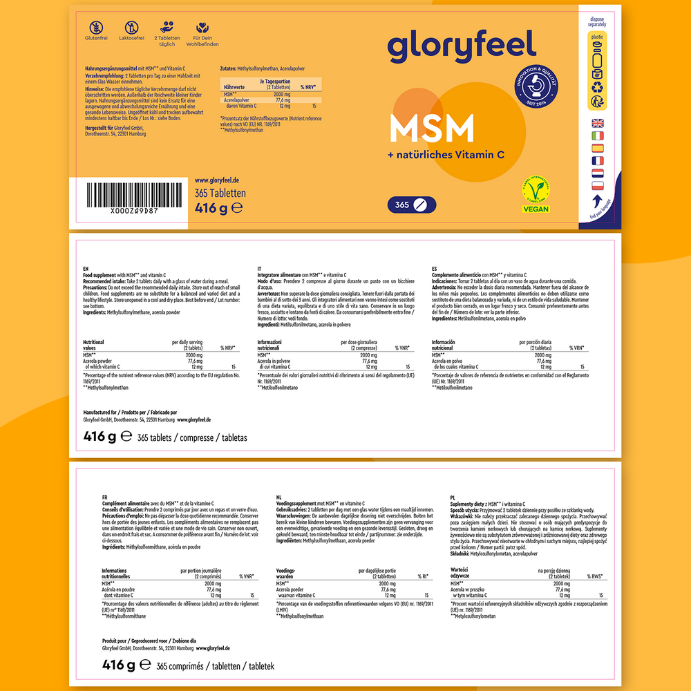 Zolfo MSM con vitamina C integratore alimentare di GloryFeel GmbH Italia è disponibile in una confezione multilingue con simboli vegani e di riciclo, pesa 416 g e contiene 365 compresse.