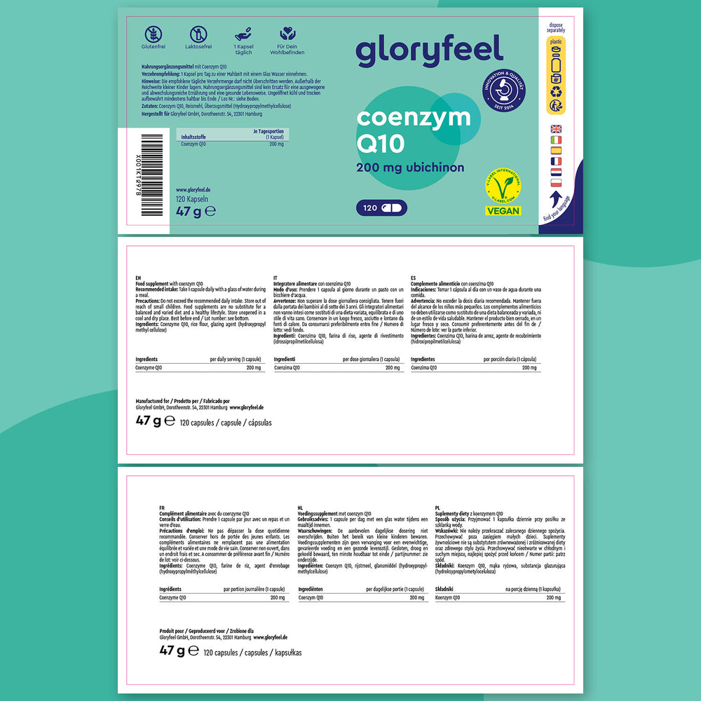 Esplora la confezione e i dettagli del Coenzima Q10 di GloryFeel GmbH Italy, contenente 200 mg di ubiquinone. Questo integratore include ingredienti, informazioni dietetiche e sottolinea i suoi potenti benefici antiossidanti.