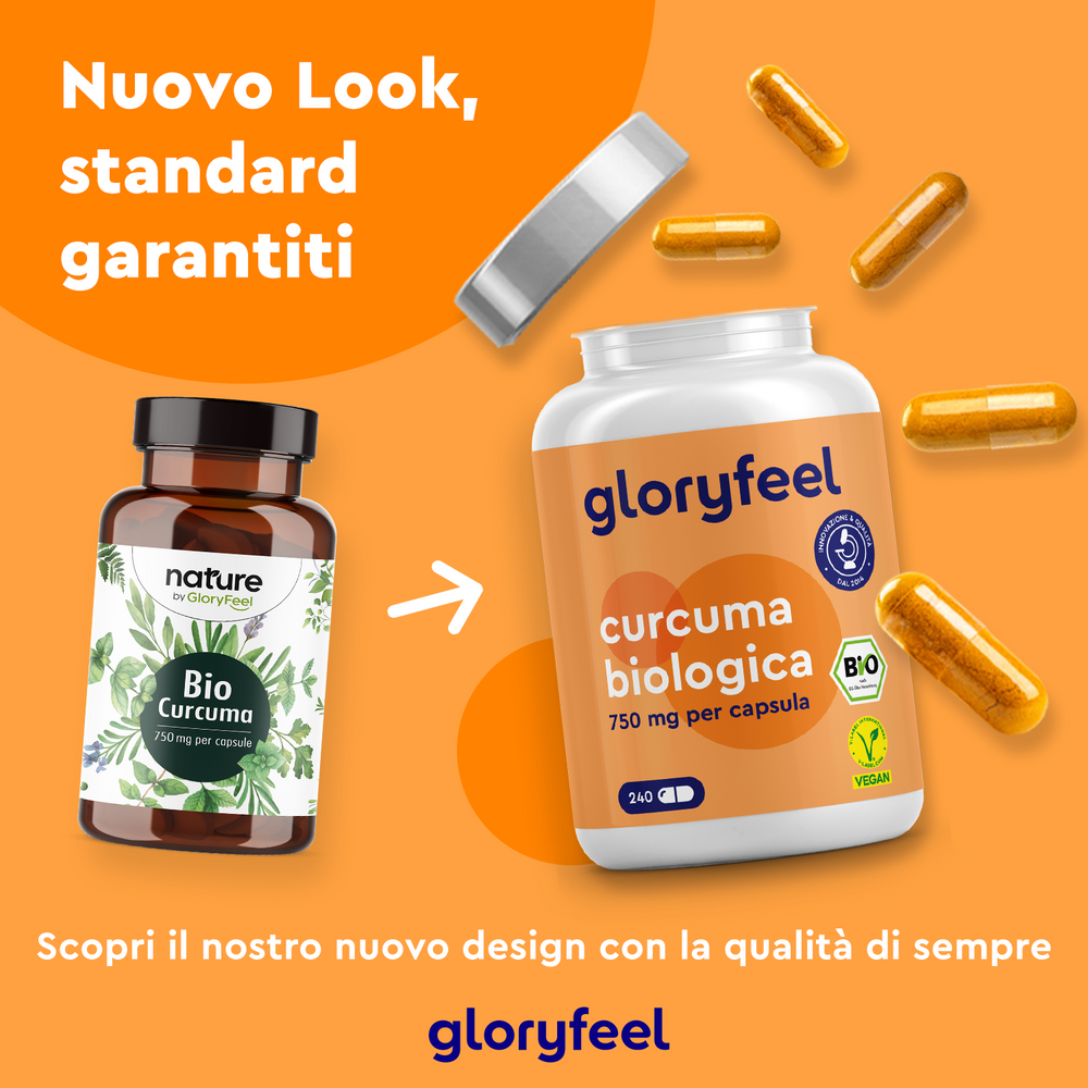 Due bottiglie di Bio Curcuma: a sinistra con etichetta verde, a destra con etichetta arancione. Testo: &quot;Nuovo Look, standard garantiti. Scopri il design aggiornato delle nostre capsule organiche di GloryFeel GmbH Italy, mantenendo la qualità di sempre.
