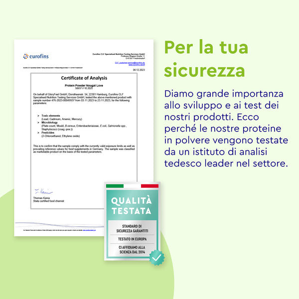 Sulla sinistra è esposto un certificato di analisi, con una confezione verde e rossa etichettata &quot;Qualità Testata&quot; di Proteine in polvere Nougat Love di gloryfeel Italia qui sotto. Il testo in italiano sulla destra evidenzia i test effettuati da un importante istituto tedesco.