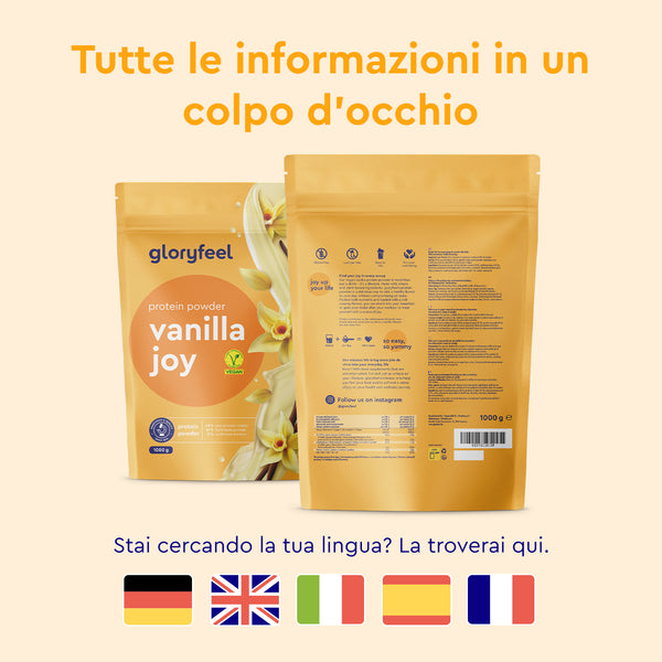 Fronte e retro della confezione &quot;Proteine in polvere Vanilla Joy&quot; di GloryFeel GmbH Italia, con testo in tedesco, inglese, spagnolo, italiano e francese.
