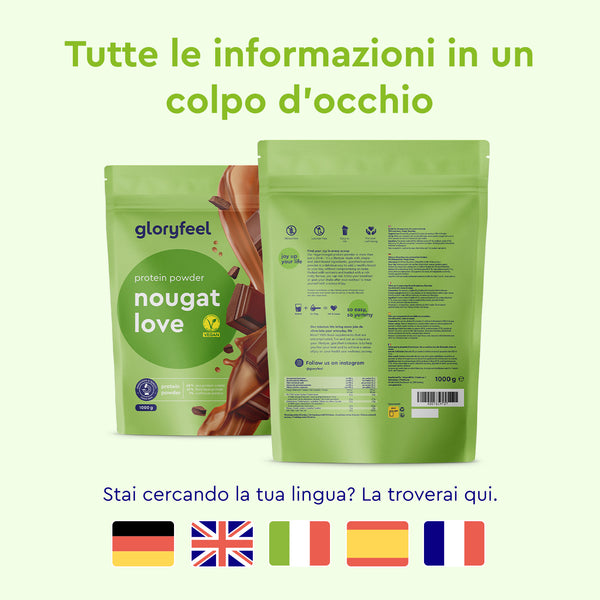 Sono esposte due buste verdi di &quot;Proteine in polvere Nougat Love&quot; di gloryfeel Italia. Di seguito sono riportate le bandiere per più lingue, con testo in italiano che invita gli spettatori a saperne di più.