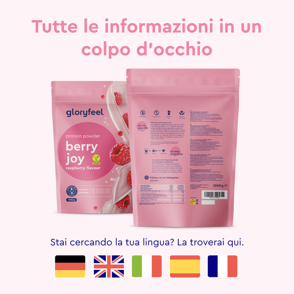 Due buste rosa di polvere proteica Berry Joy di GloryFeel GmbH Italy al gusto di lampone. In basso sono esposte le bandiere di Germania, Regno Unito, USA, Francia, Italia e Spagna.