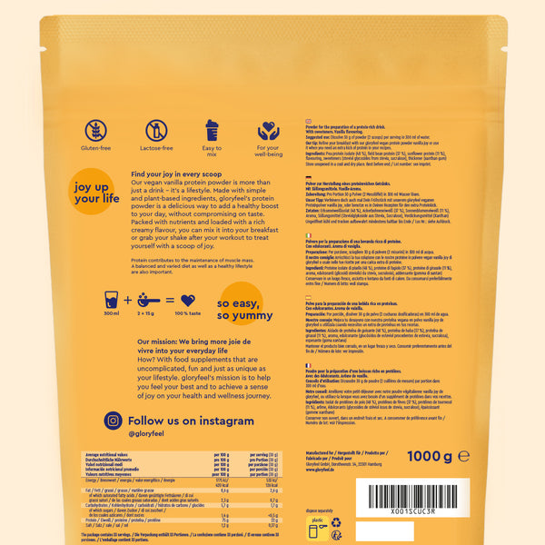 La confezione gialla per Proteine in polvere Vanilla Joy di GloryFeel GmbH Italy presenta i vantaggi e l&