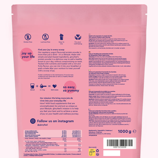 Retro della confezione di Berry Joy Proteine in polvere di GloryFeel GmbH Italia in rosa, con ingredienti, istruzioni di preparazione, informazioni nutrizionali e handle sui social media. Peso della confezione: 1000 g.