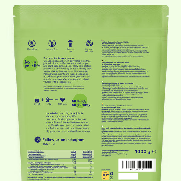 La confezione verde di &quot;Proteine in polvere Nougat Love&quot; di gloryfeel Italia riporta l&