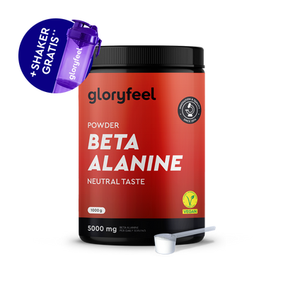 Gloryfeel Italia Beta Alanina in polvere si presenta in un contenitore dal gusto neutro con un dosaggio di 5000 mg, un misurino bianco e uno shaker viola in omaggio.