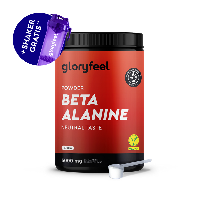 Gloryfeel Italia Beta Alanina in polvere si presenta in un contenitore dal gusto neutro con un dosaggio di 5000 mg, un misurino bianco e uno shaker viola in omaggio.