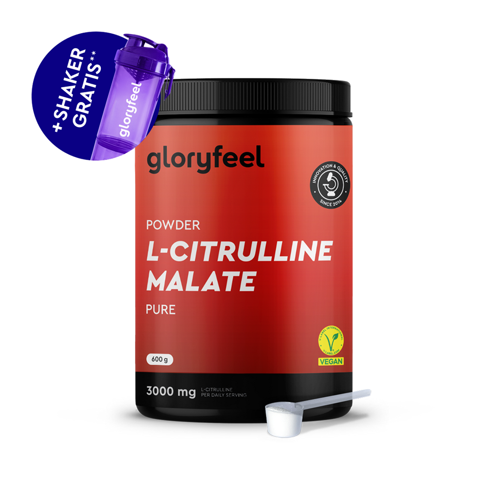 Un contenitore di L-Citrullina in polvere gloryfeel Italia con un misurino e una bottiglia shaker viola in omaggio; l&