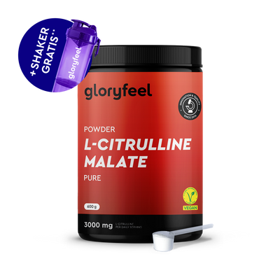 Un contenitore di L-Citrullina in polvere gloryfeel Italia con un misurino e una bottiglia shaker viola in omaggio; l'etichetta vegana riporta 3000 mg per porzione.