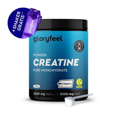 Un contenitore di gloryfeel Italia Creatina in polvere di marca Creapure® con misurino e shaker viola in omaggio, etichettato come vegano, contiene 500 g di creatina monoidrata pura.