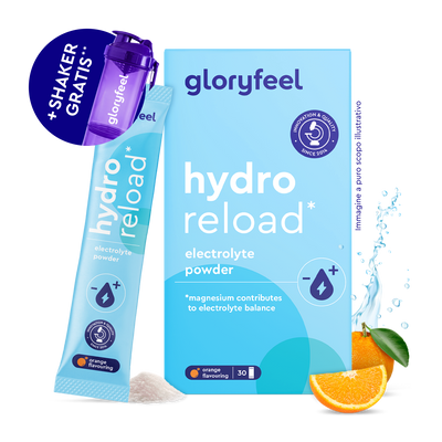 Scatola di gloryfeel Italia Elettroliti al gusto arancia, bastoncino monodose, shaker, spruzzi d'acqua e fetta d'arancia disposti accanto al prodotto.