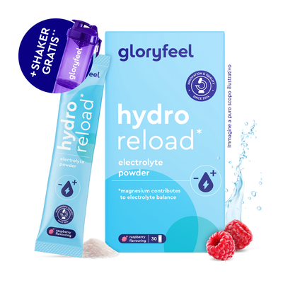 Gloryfeel Italia Elettroliti al gusto lampone: confezioni e bustine con polvere, lamponi e shaker viola in omaggio.