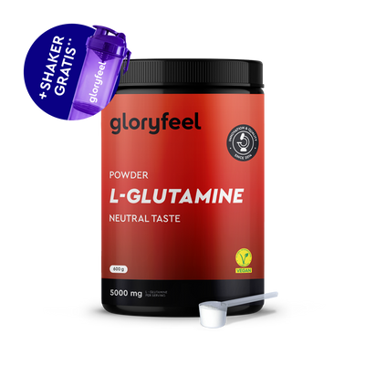 Un contenitore di gloryfeel Italia Glutammina in polvere con un misurino e uno shaker viola in omaggio. L'etichetta riporta "Gusto neutro" e "Vegano".
