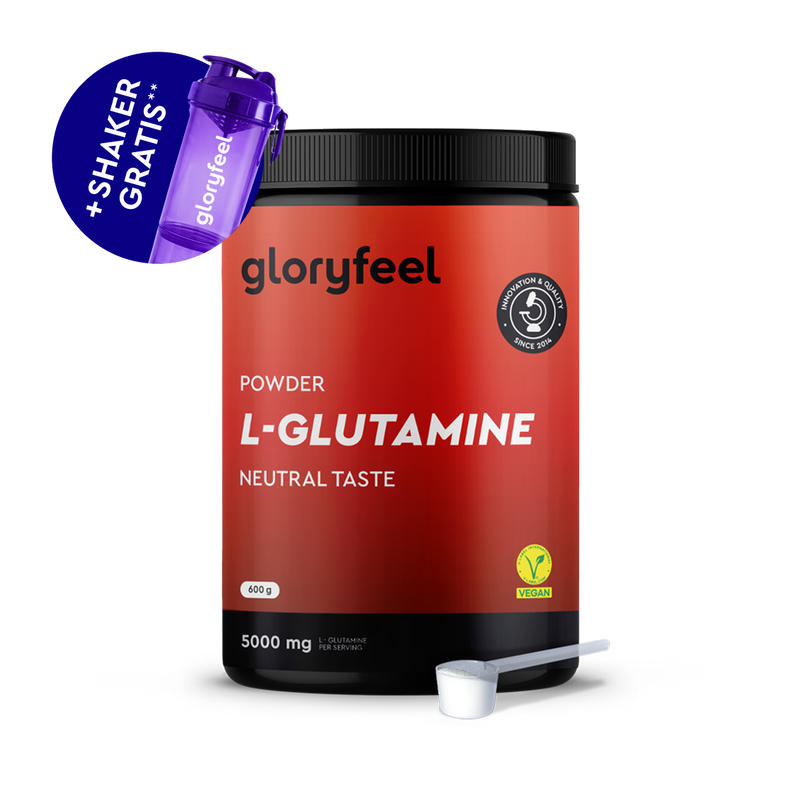 Un contenitore di gloryfeel Italia Glutammina in polvere con un misurino e uno shaker viola in omaggio. L&